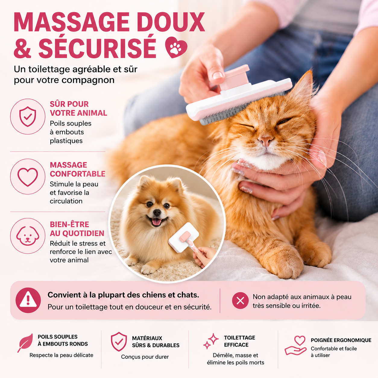 Brosse pour poils de chien et de chat – Outil d'élimination des poils morts – Peigne de massage sûr pour poils longs, mi-longs et courts