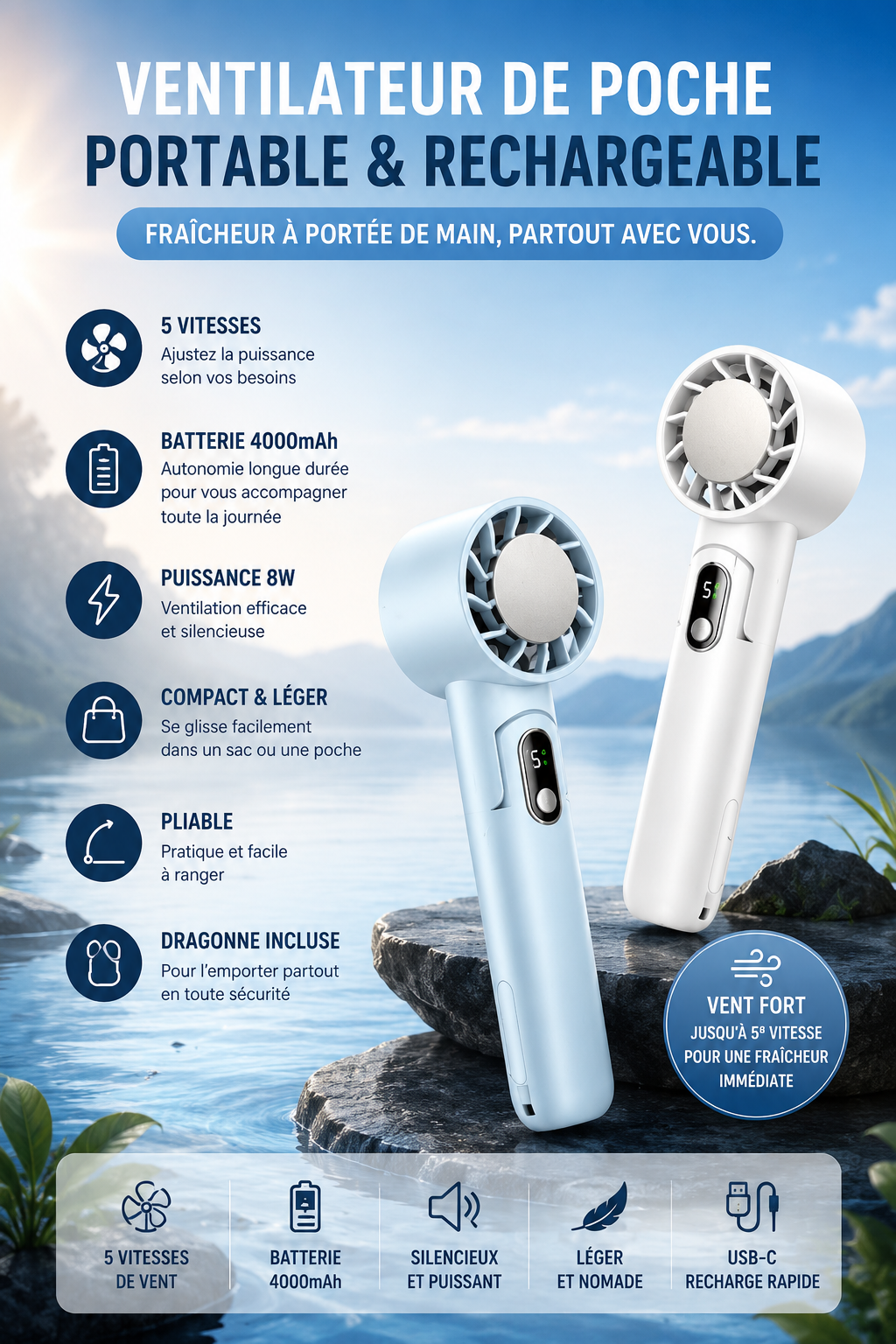 Ventilateur portatif pliable avec fonction de refroidissement pour l'extérieur