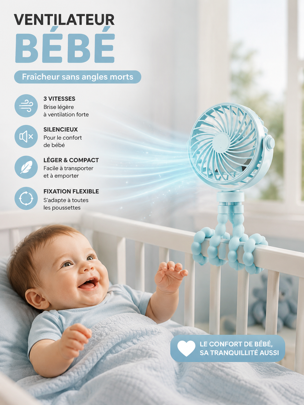 Mini-ventilateur portable en forme de pieuvre pour poussette