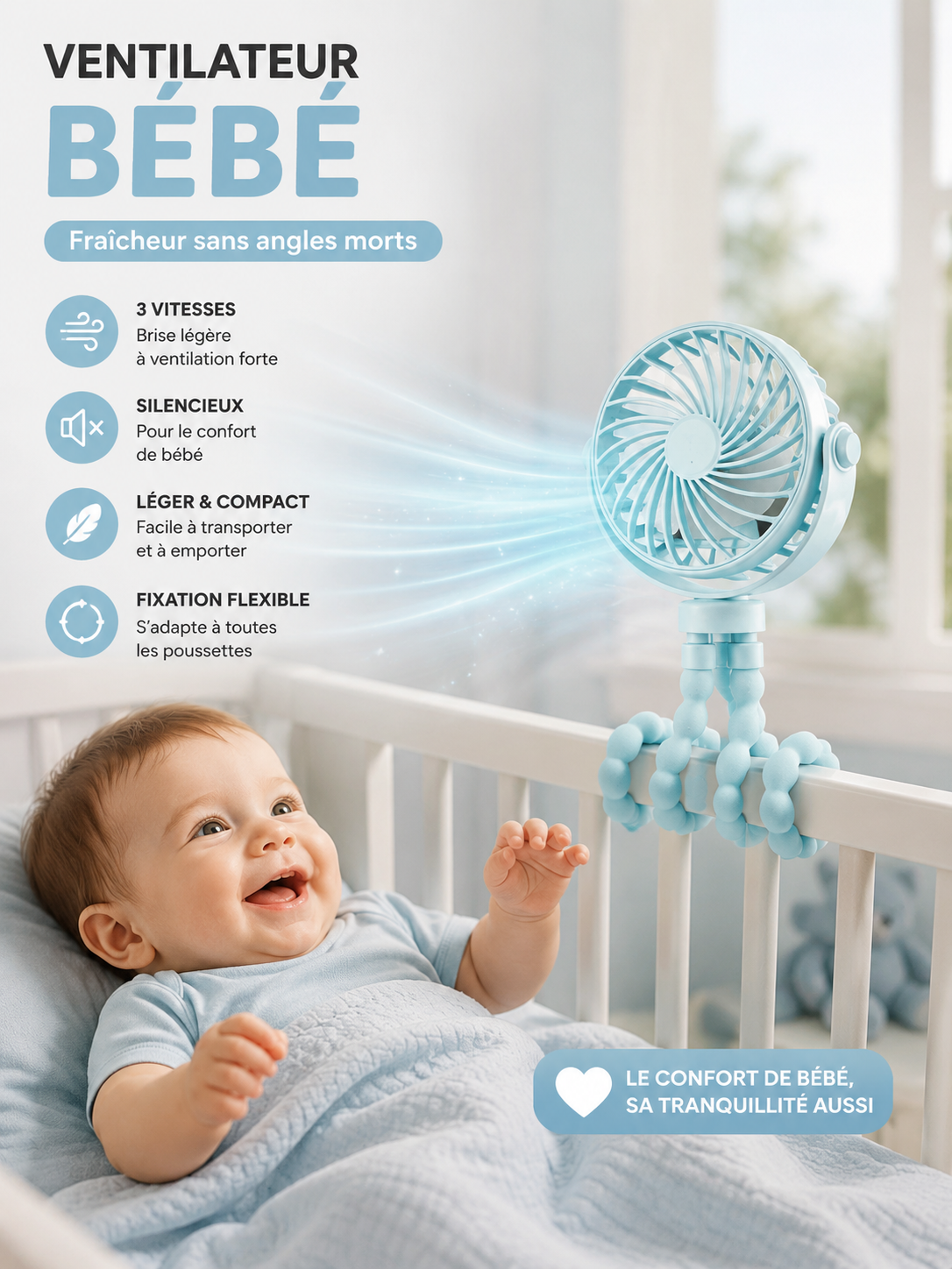 Mini-ventilateur portable en forme de pieuvre pour poussette