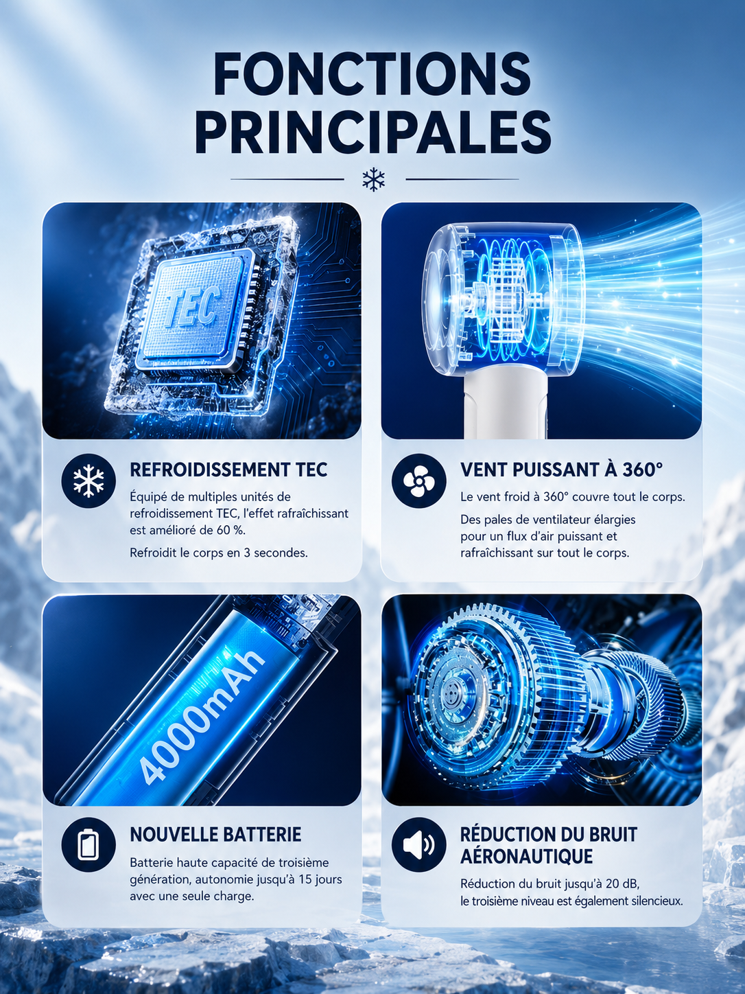 Ventilateur portatif pliable avec fonction de refroidissement pour l'extérieur