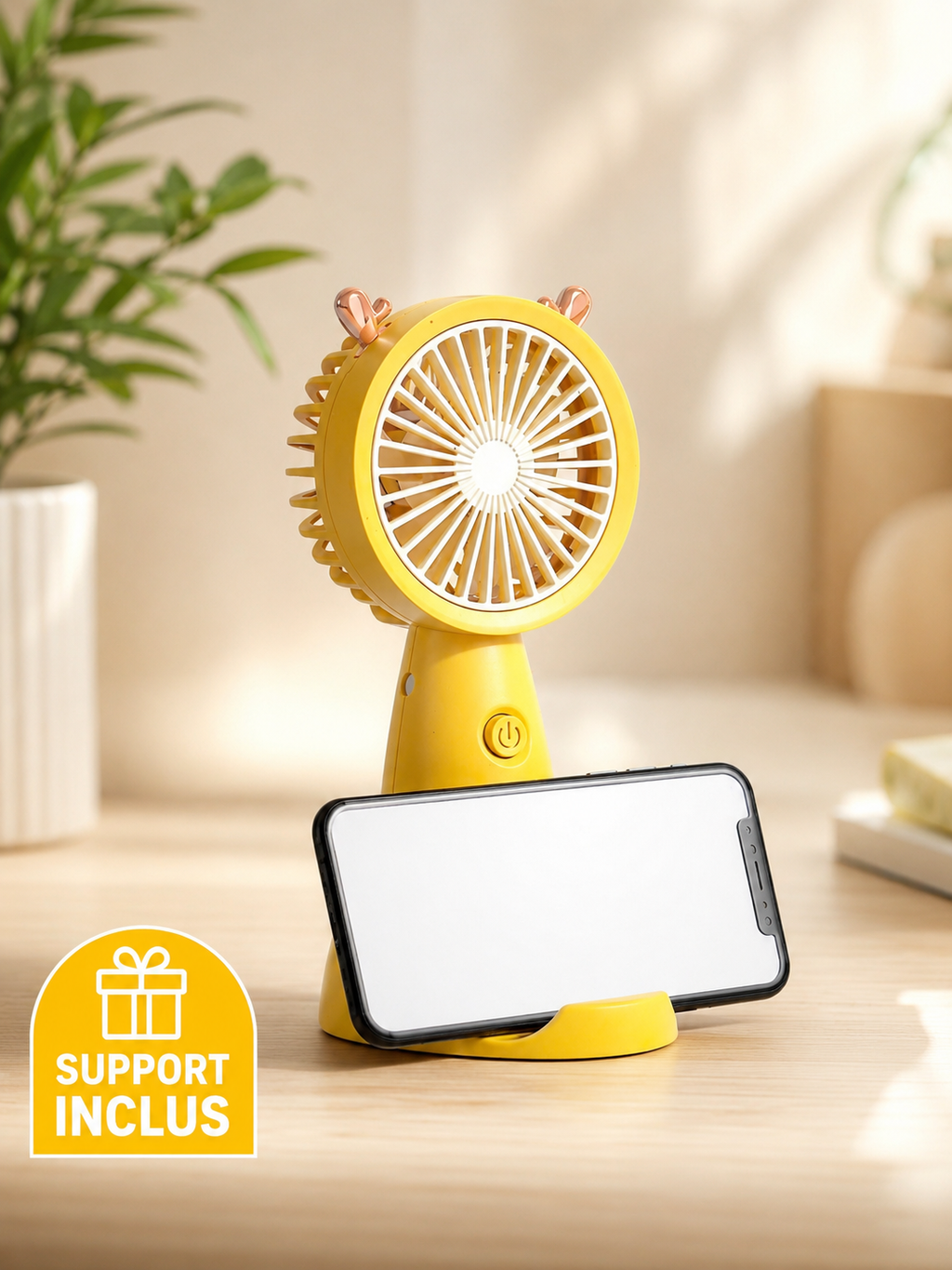 Ventilateur portatif rechargeable par USB avec support (motif dessin animé)