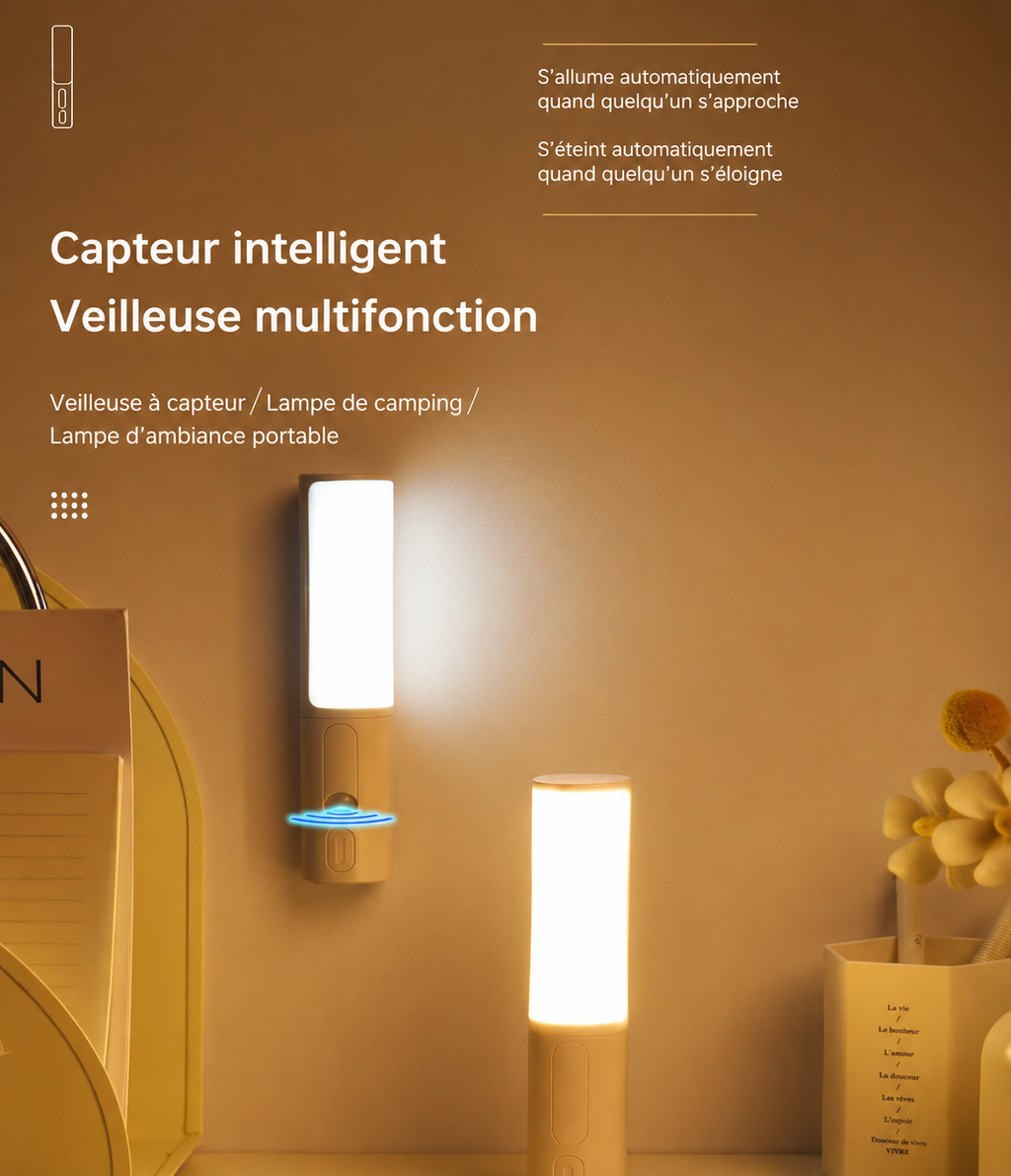 Veilleuse LED intelligente à détection de mouvement et de présence humaine – Style moderne pour chambre, cuisine, placard, penderie ou mu