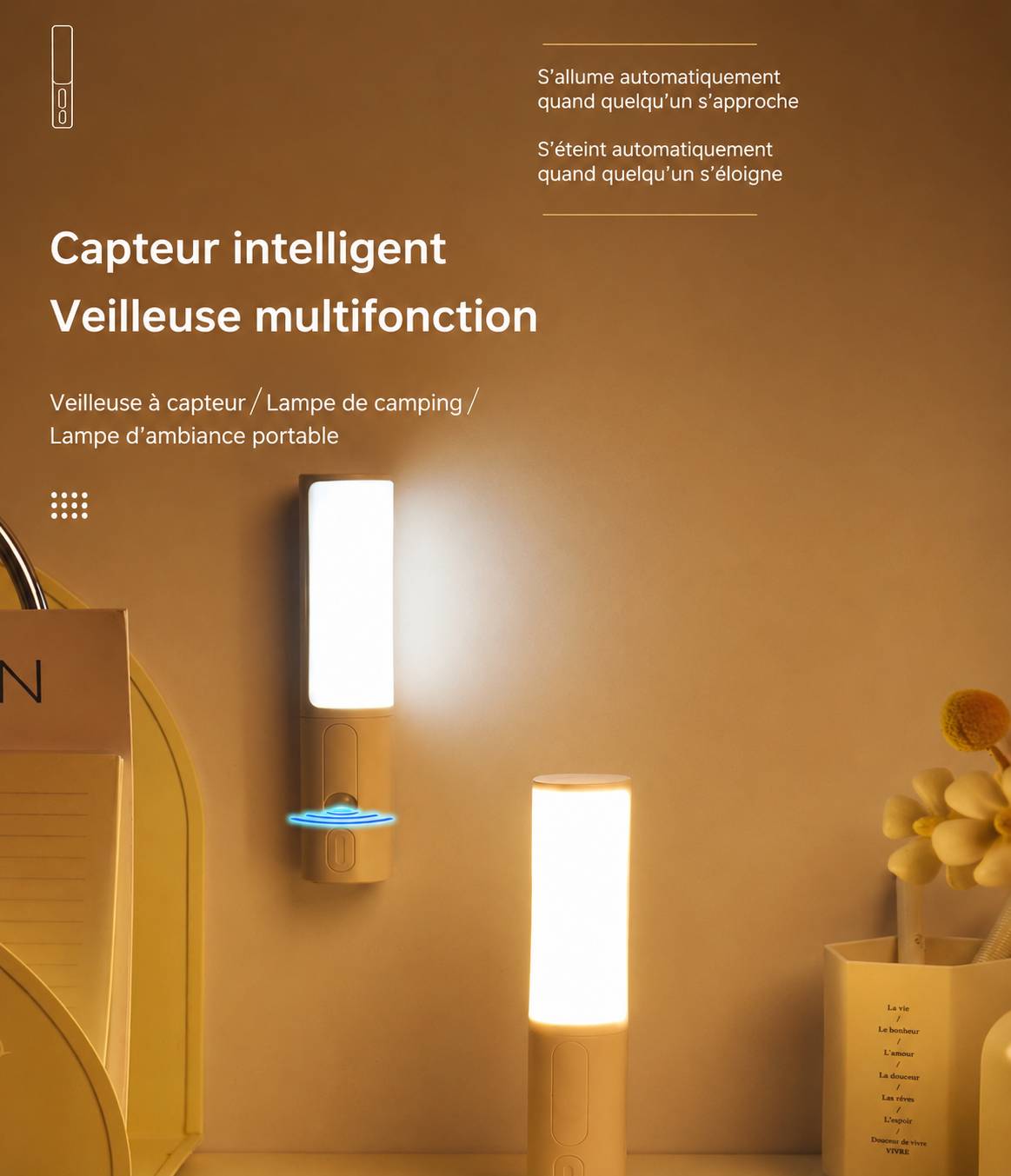 Veilleuse LED intelligente à détection de mouvement et de présence humaine – Style moderne pour chambre, cuisine, placard, penderie ou mu
