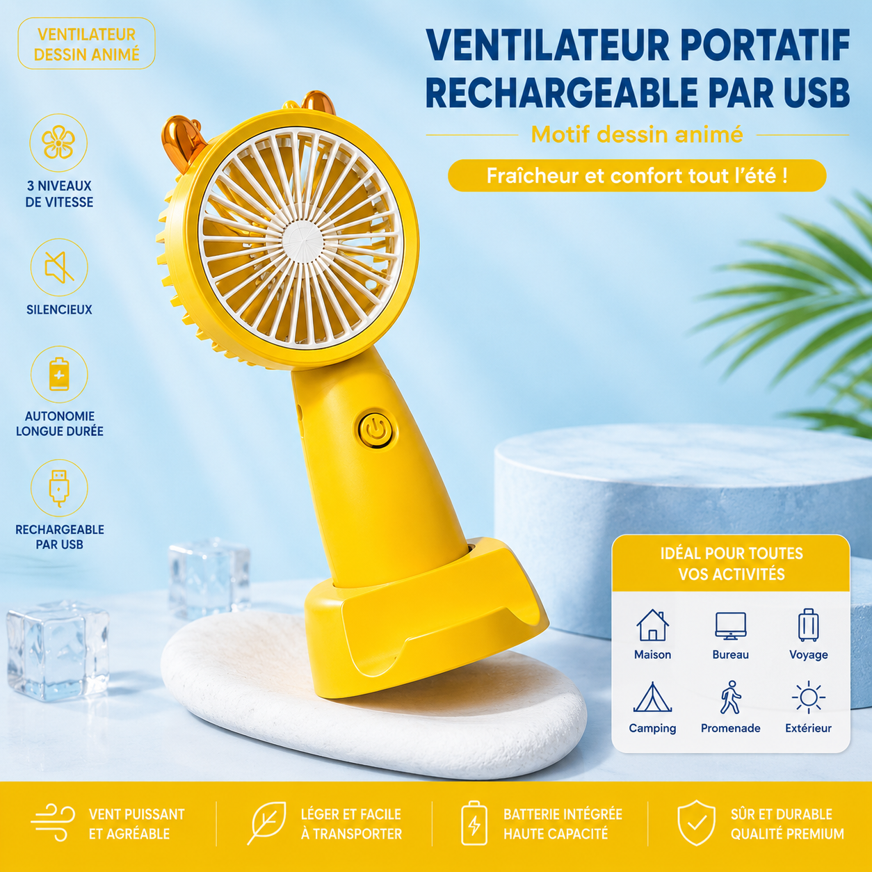Ventilateur portatif rechargeable par USB avec support (motif dessin animé)