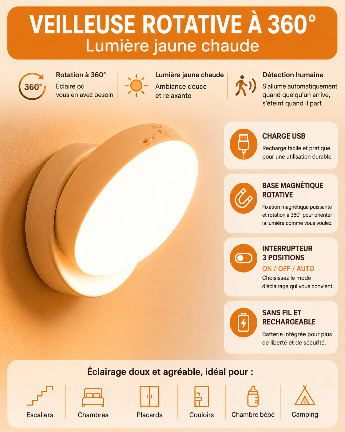 Lampe rotative à détecteur de mouvement pour couloir, garage ou placard – Veilleuse