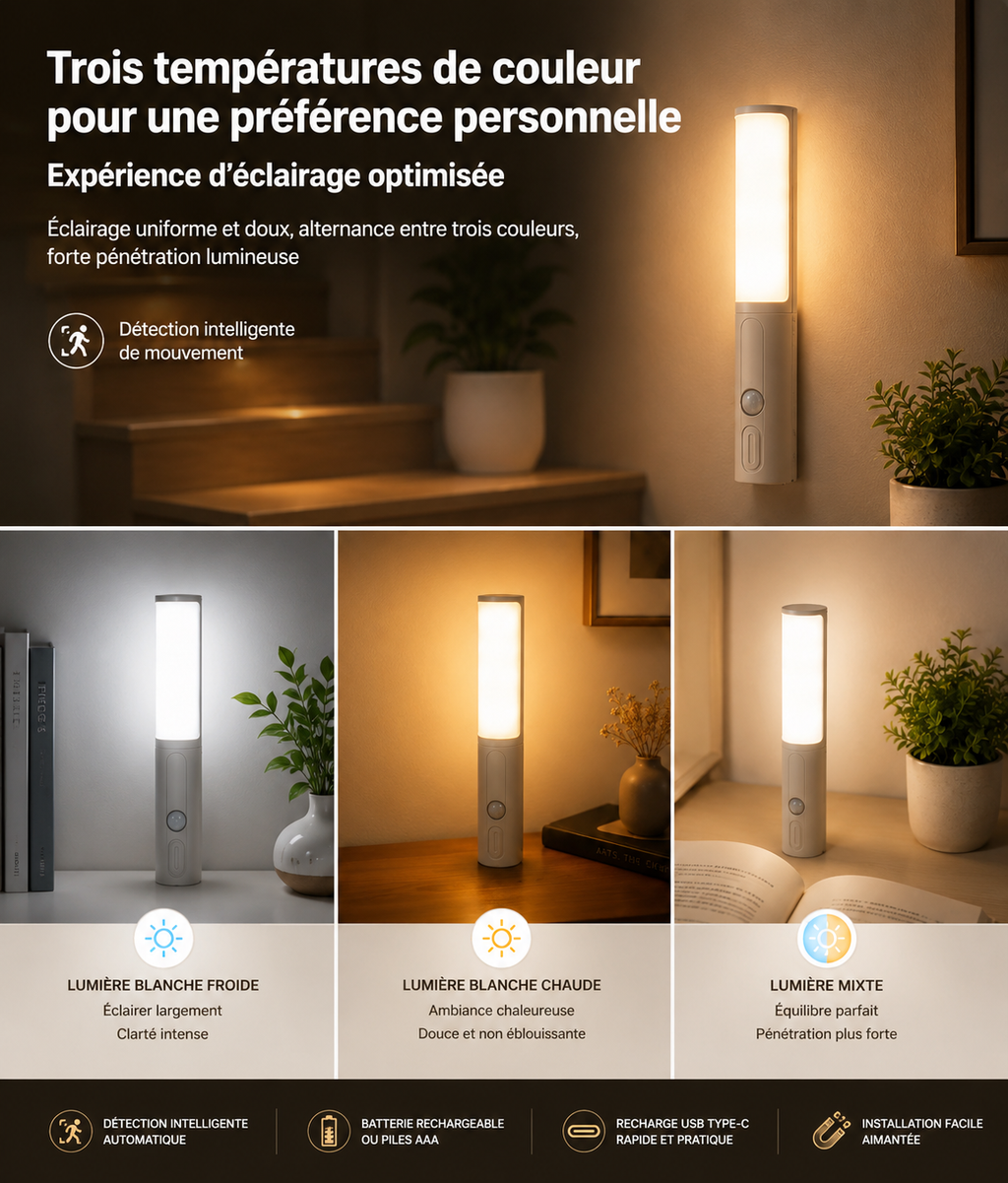 Veilleuse LED intelligente à détection de mouvement et de présence humaine – Style moderne pour chambre, cuisine, placard, penderie ou mu