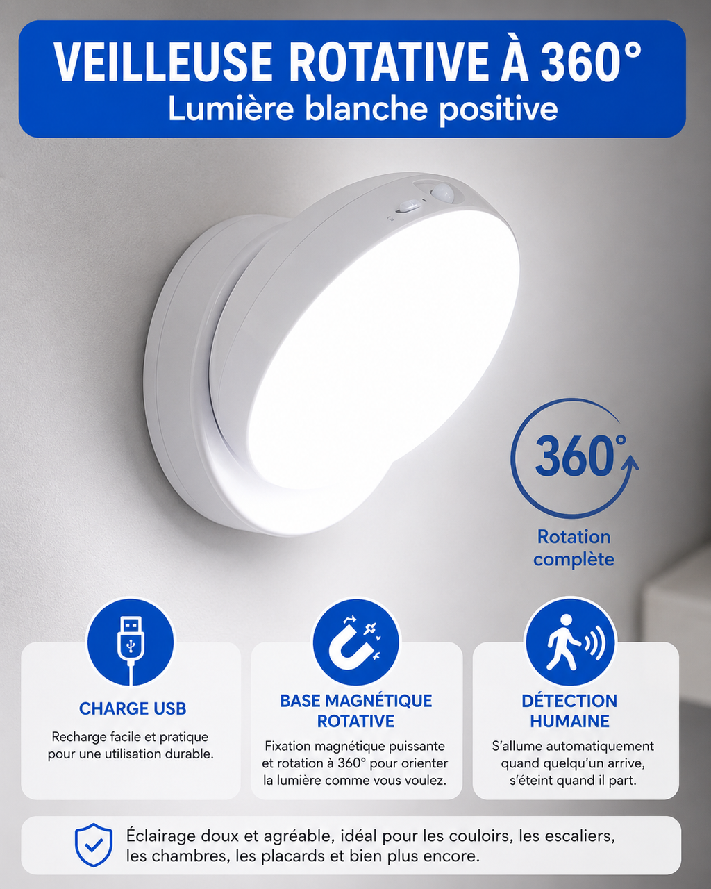 Lampe rotative à détecteur de mouvement pour couloir, garage ou placard – Veilleuse