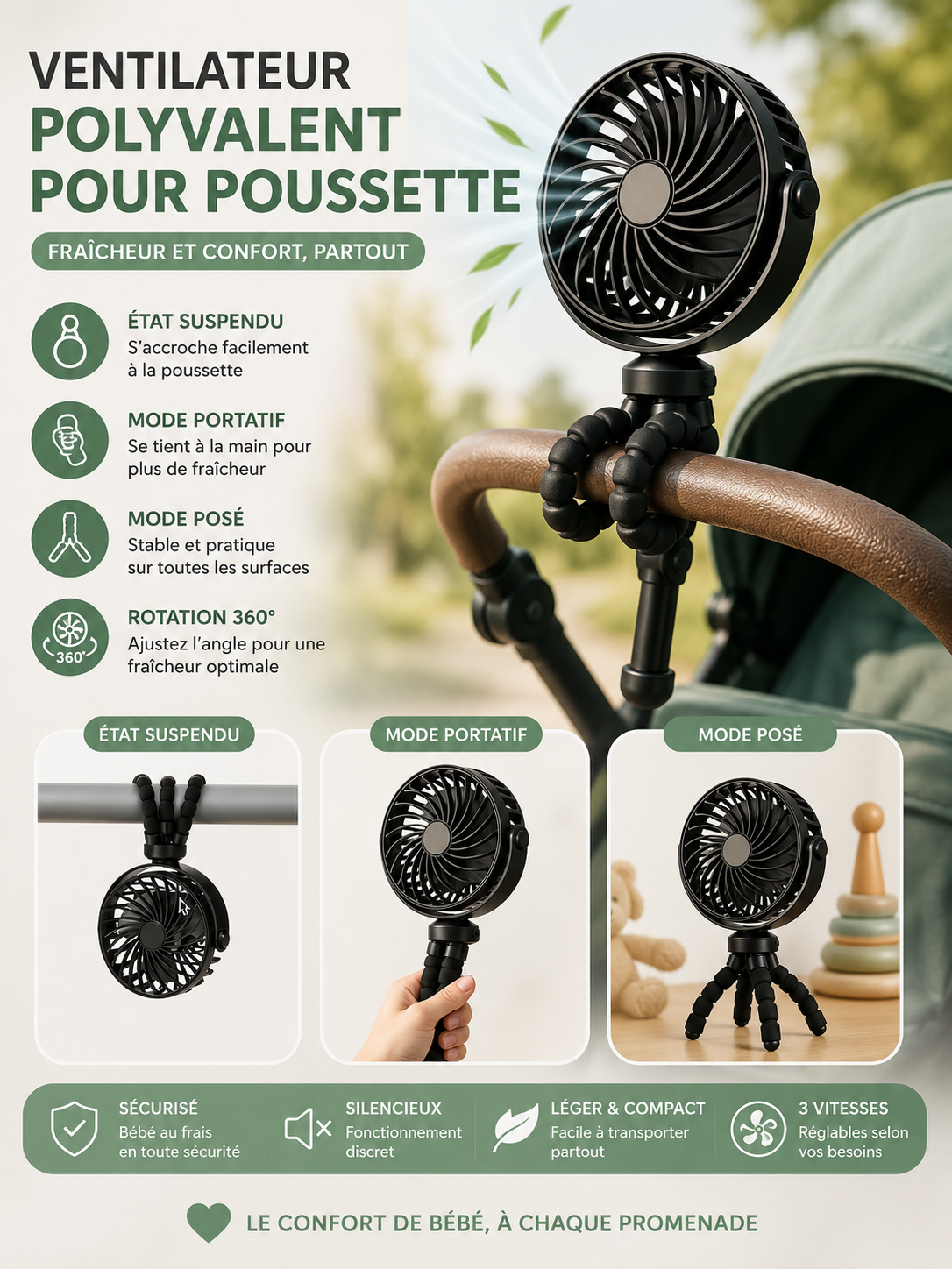 Mini-ventilateur portable en forme de pieuvre pour poussette