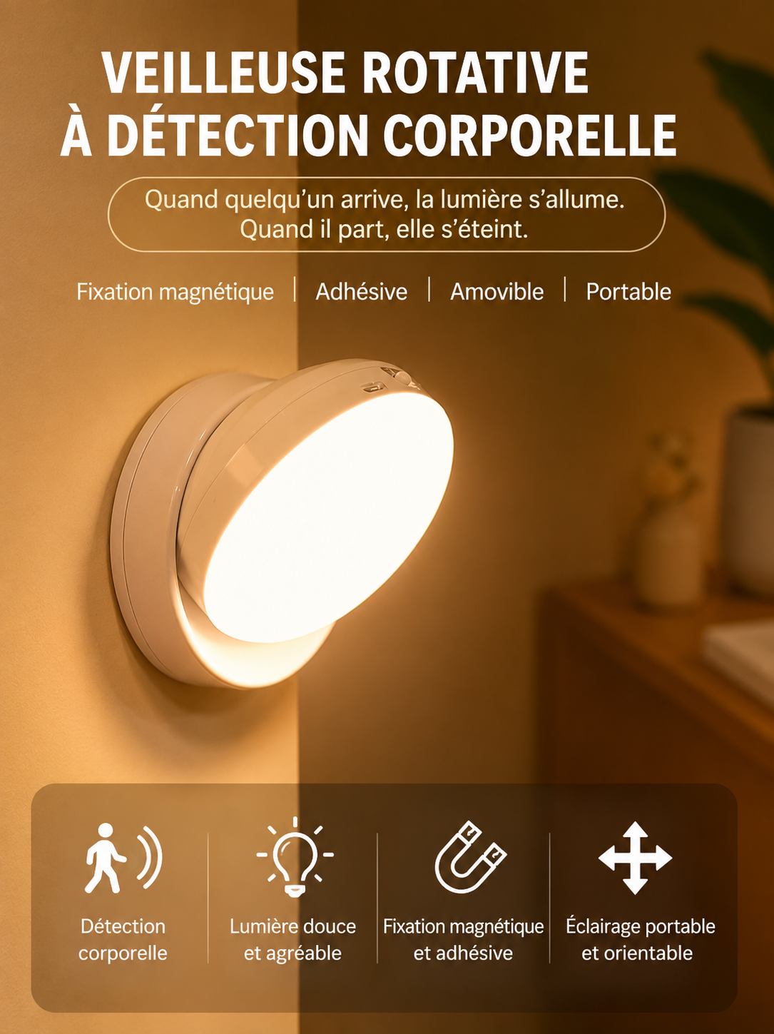 Lampe rotative à détecteur de mouvement pour couloir, garage ou placard – Veilleuse