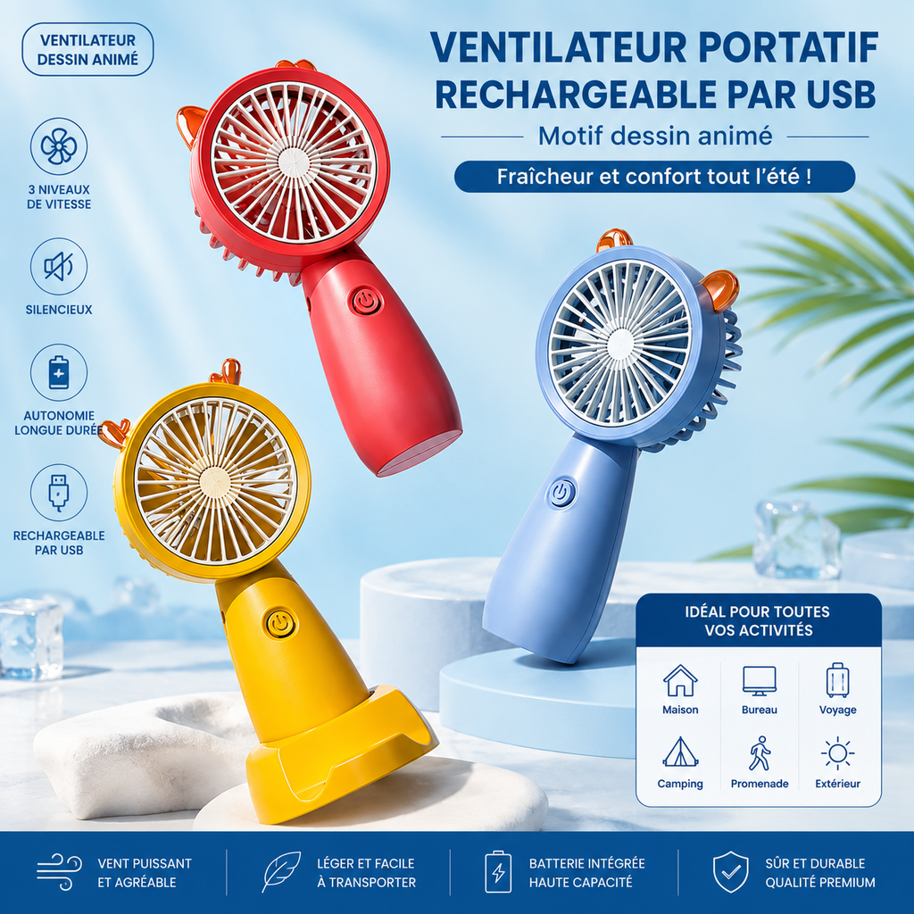 Ventilateur portatif rechargeable par USB avec support (motif dessin animé)