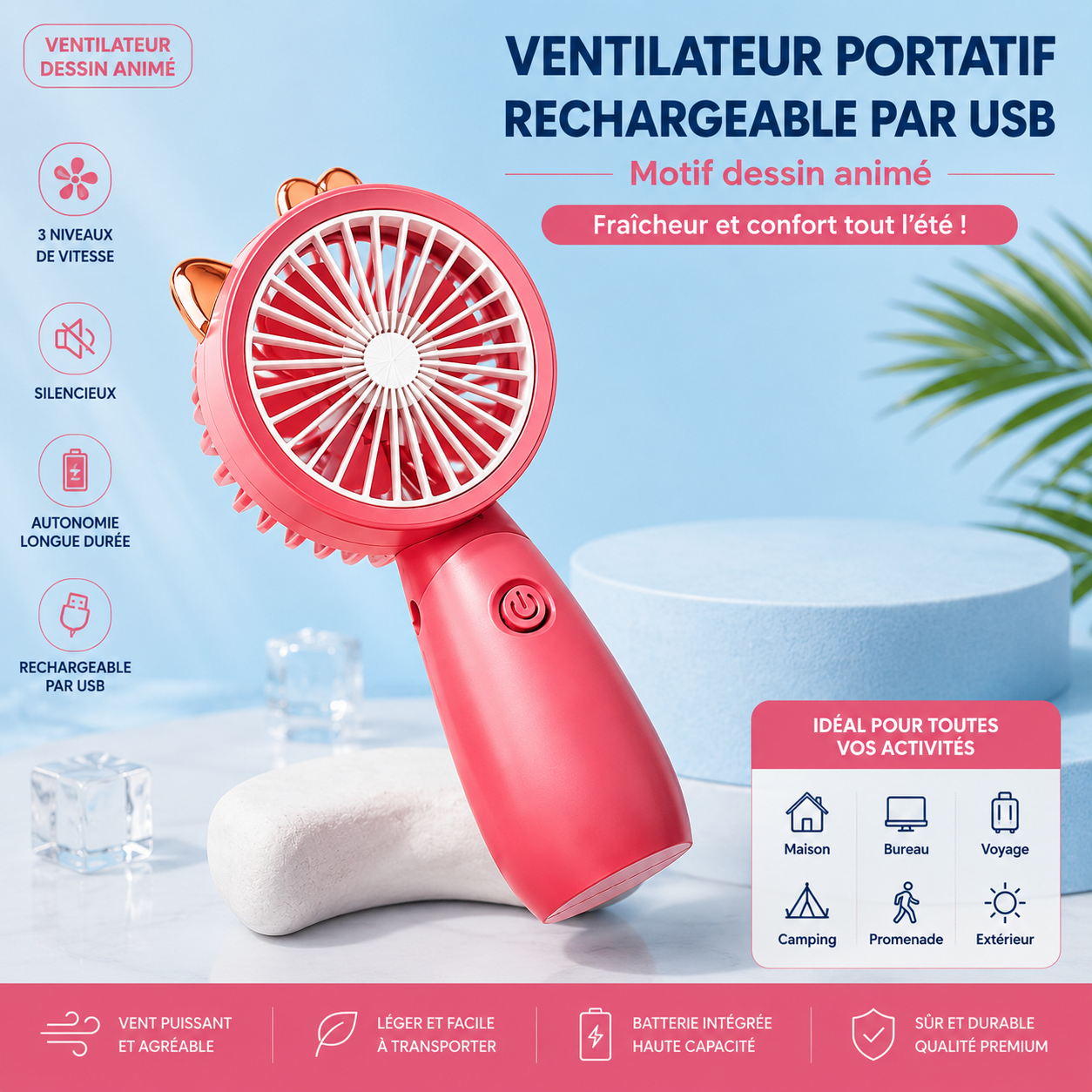 Ventilateur portatif rechargeable par USB avec support (motif dessin animé)