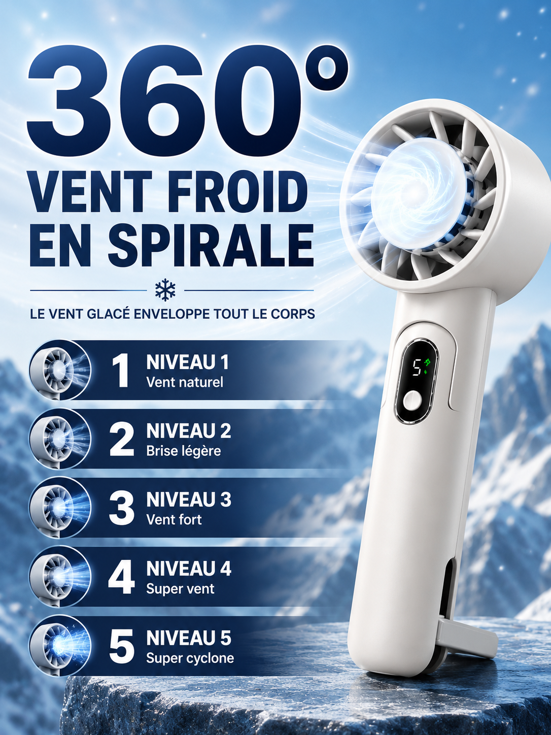 Ventilateur portatif pliable avec fonction de refroidissement pour l'extérieur