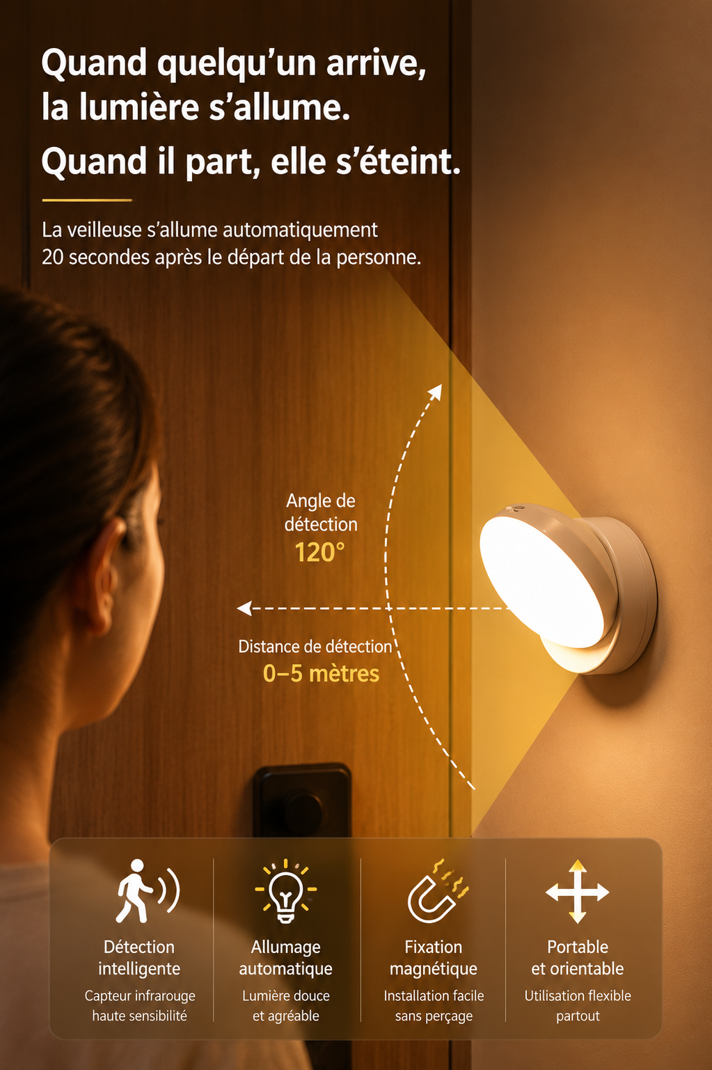 Lampe rotative à détecteur de mouvement pour couloir, garage ou placard – Veilleuse