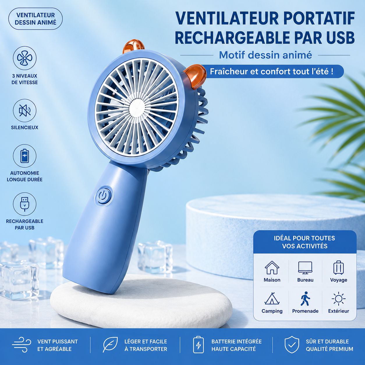 Ventilateur portatif rechargeable par USB avec support (motif dessin animé)
