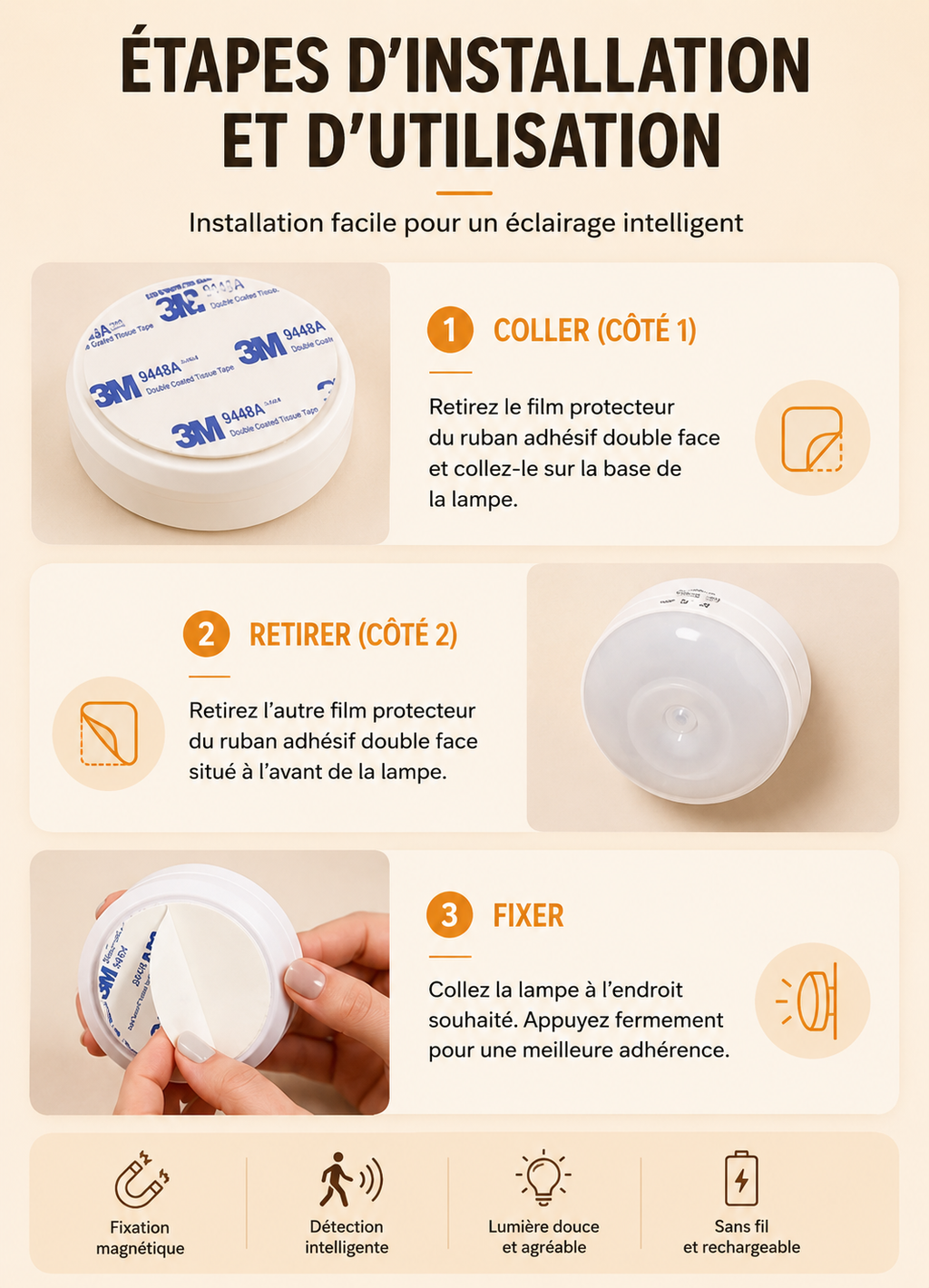 Lampe rotative à détecteur de mouvement pour couloir, garage ou placard – Veilleuse