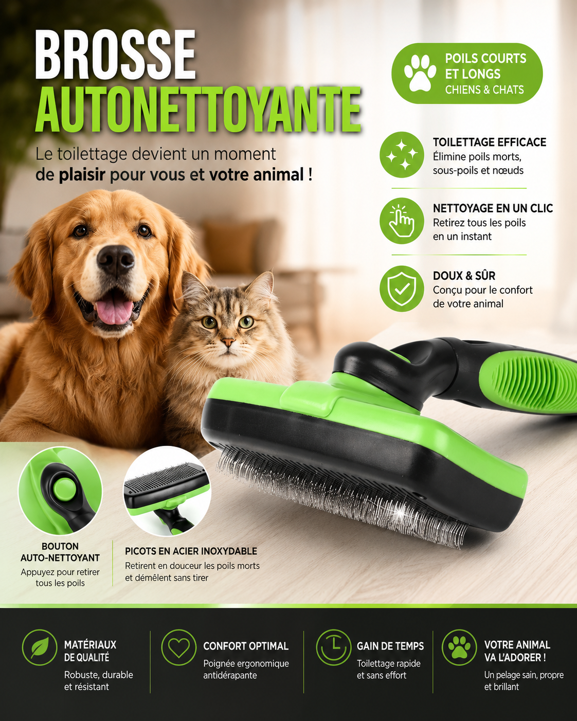 Brosse autonettoyante pour animaux