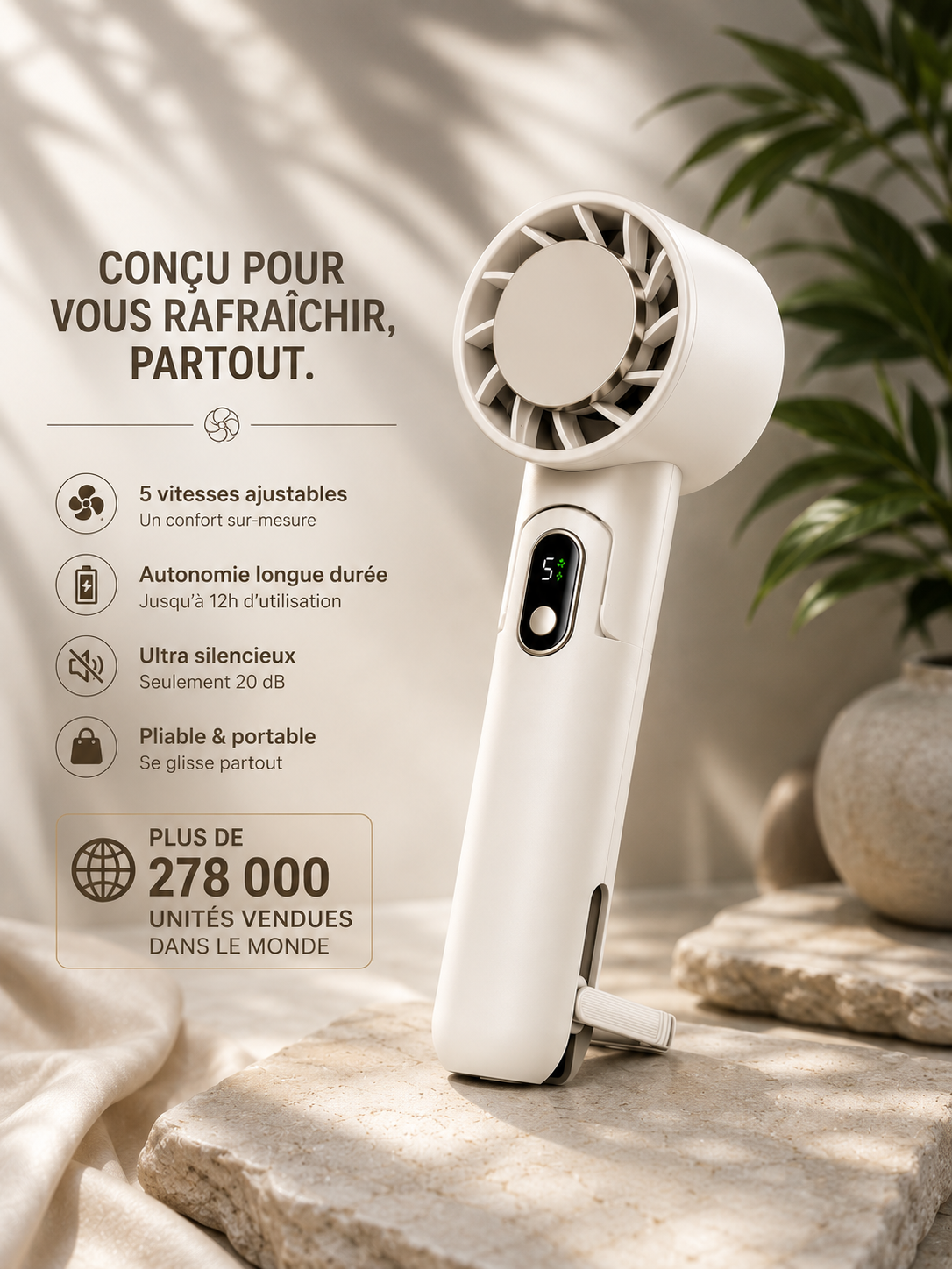 Ventilateur portatif pliable avec fonction de refroidissement pour l'extérieur