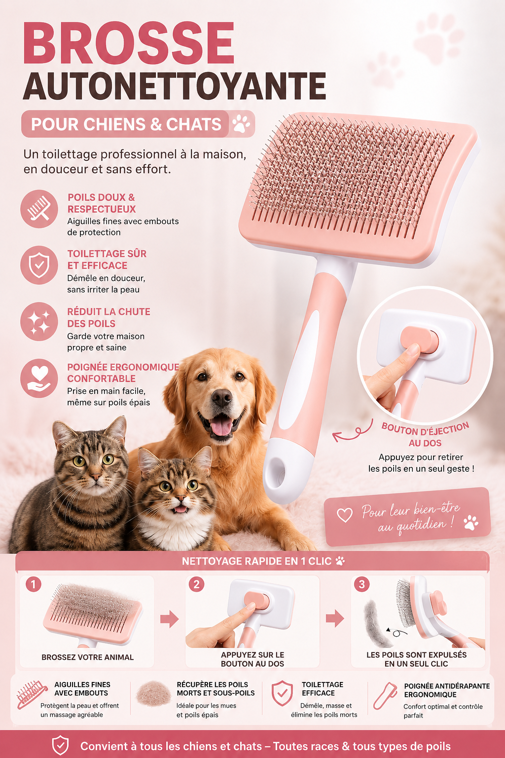 Brosse pour poils de chien et de chat – Outil d'élimination des poils morts – Peigne de massage sûr pour poils longs, mi-longs et courts