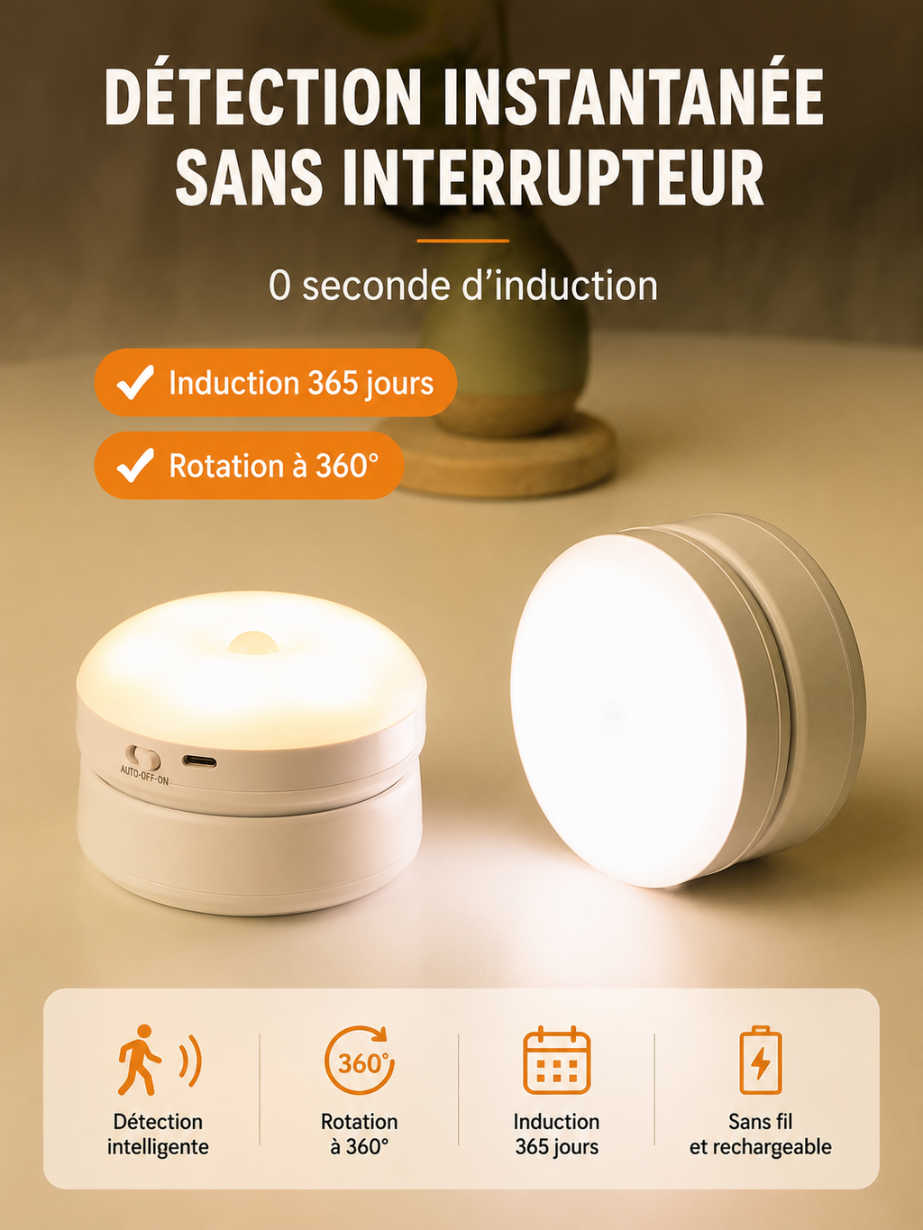 Lampe rotative à détecteur de mouvement pour couloir, garage ou placard – Veilleuse