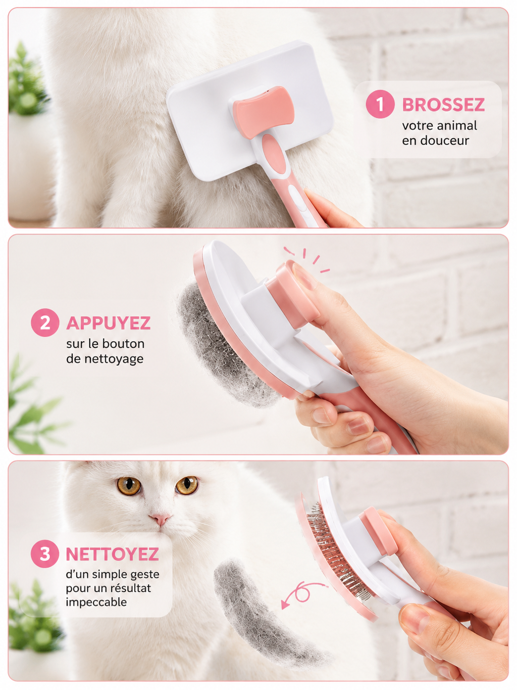 Brosse pour poils de chien et de chat – Outil d'élimination des poils morts – Peigne de massage sûr pour poils longs, mi-longs et courts